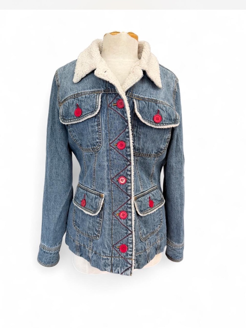 Vintage Y2K Anoname Sherpa Lined Denim Jacket Red Edge Stitching & Buttons Large